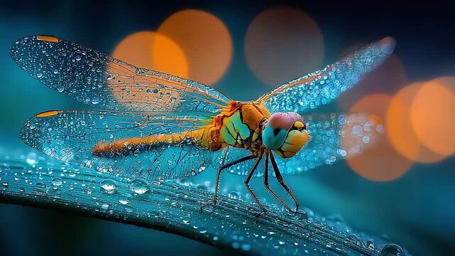 Anamorphic video mesmerizing close-up of a dragonfly perched.