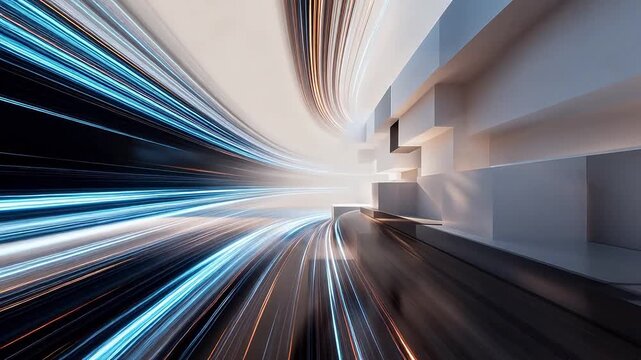 Modern geometric blocks with warm light and dynamic light trails