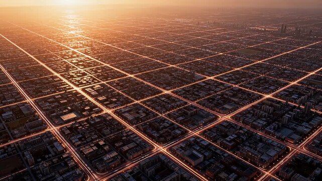 City grid with light trails at sunset from aerial view