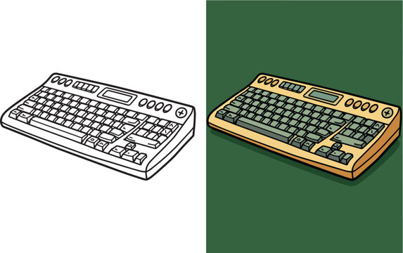 Computer keyboard coloring page featuring multimedia buttons and numpad in isometric view