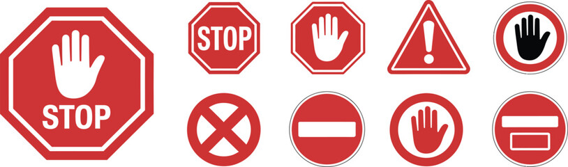Red warning and prohibition sign collection, clear universal symbols for danger, stop, and forbidden actions, essential safety graphics.
