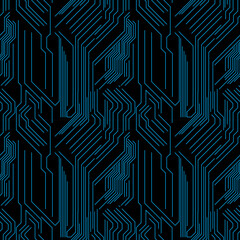 Futuristic Circuit Board Pattern with Blue Lines on Black Background for Technology and Innovation Themes