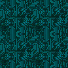 Abstract Geometric Circuit Pattern in Teal and Black for Technology and Futuristic Design Backgrounds