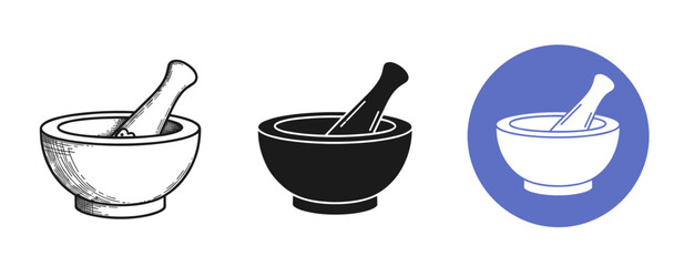 Mortar and pestle icons: hand-drawn, silhouette, and blue circle designs