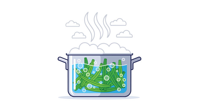 Vibrant green beans gently simmering in a transparent pot filled with bubbling water and rising steam, illustrating a healthy cooking process and