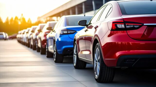 Row of shiny new sedans parked on pavement with sun flare in background