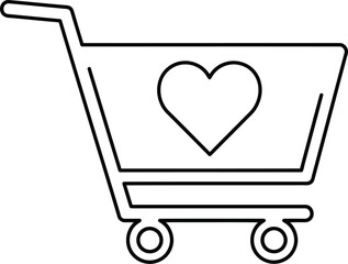 Black and white line art icon of a shopping cart with a heart symbol inside it