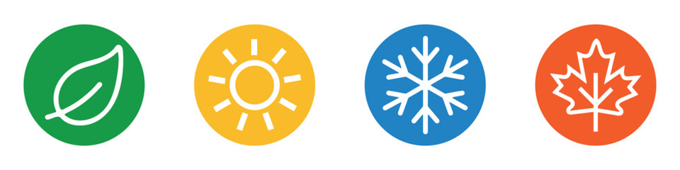 Seasonal Weather and Nature Icons Set &ndash; Snowflake, Sun, Autumn Leaf and Green Leaf Symbols