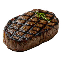 Piece of steak on plate with fork and glass of wine in.