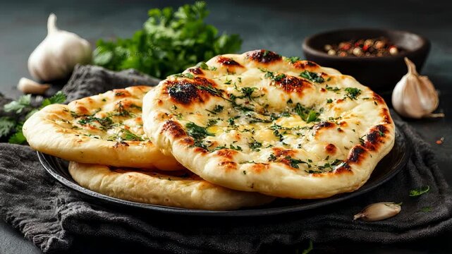 Indian naan bread with garlic and herb seasoning, warm baked flatbread on plate, close up food presentation on neutral background with copy space