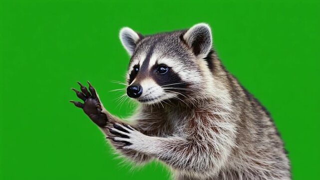 Cute raccoon standing on hind legs with paw raised on green background