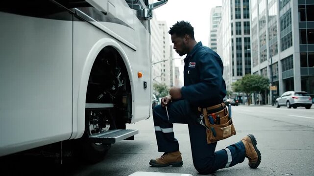 Professional technician kneeling on city street repairing white bus while wearing tool belt and blue uniform performing mechanical service