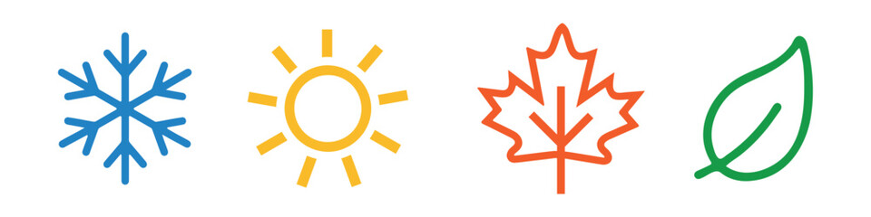 Seasonal Weather and Nature Icons Set &ndash; Snowflake, Sun, Autumn Leaf and Green Leaf Symbols