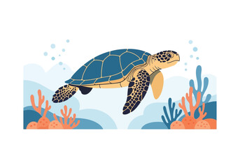 Green sea turtle swimming over coral reef in clear water © Sadew