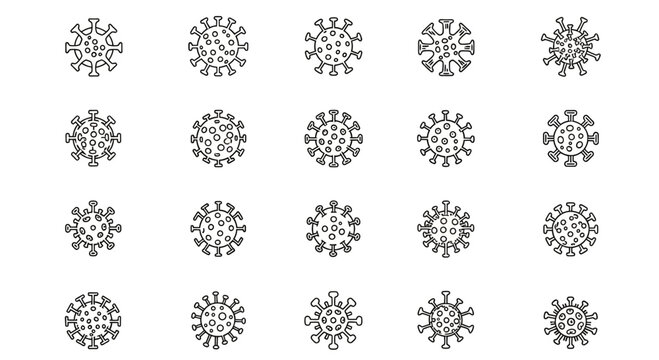 Set of Hand-Drawn Coronavirus Icons, Viral Particles, Microbe Illustrations