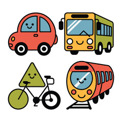 Naklejka premium Whimsical Transport Collection: A delightful collection of charming, cartoon vehicles - a car, bus, bicycle, and train - each radiating joy with friendly smiles.