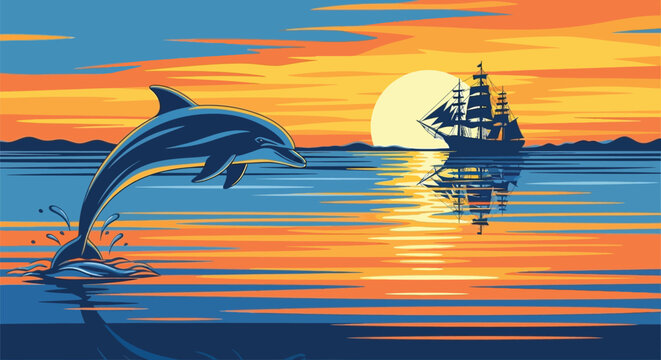 Dolphin jumping in front of sailing ship at vibrant sunset