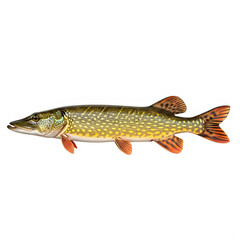 Detailed illustration of a northern pike fish with pixelated effect on white background