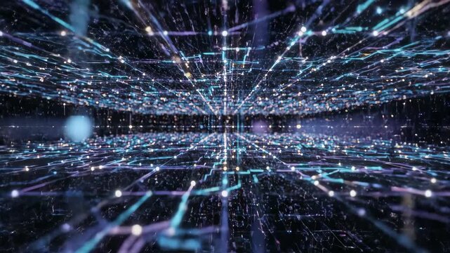 Abstract Network Grid with Purple Blue Lines and Golden Particles Floating in Deep Space Background for Digital Technology Concept