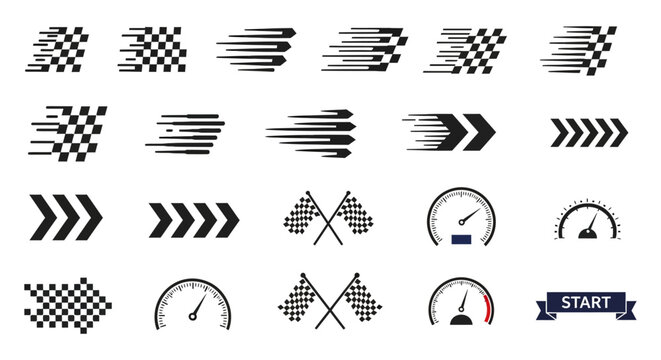 speed and racing icons set checkered flags speedometers motion arrows for sports progress and achievement graphic design.