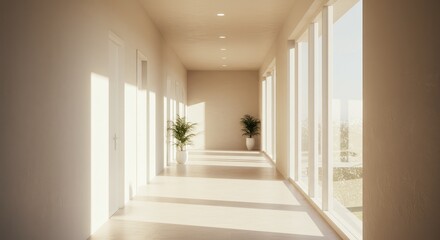Obraz premium A modern business hallway with plants, sunlight, and doors, viewed from the entrance, showcasing a clean and serene atmosphere
