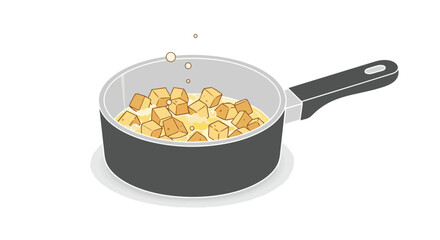 A clean, modern illustration of cuboid ingredients gently simmering in a cooking pot, portraying a fundamental aspect of meal preparation and