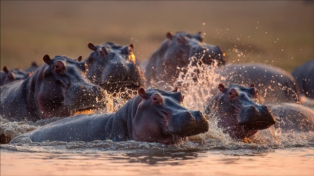 wallowing. Pod of hippos in a muddy watering hole at sunset, golden hour light, serene African landscape. inspiring travel planning.