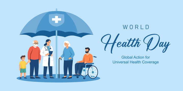 World Health Day 2026 theme banner. Happy World Health Day and Global Action for Universal Health Coverage text. Vector illustration.