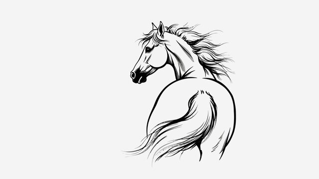 a black and white horse drawing looking back with a flowing mane and tail representing power and freedom for equestrian design.