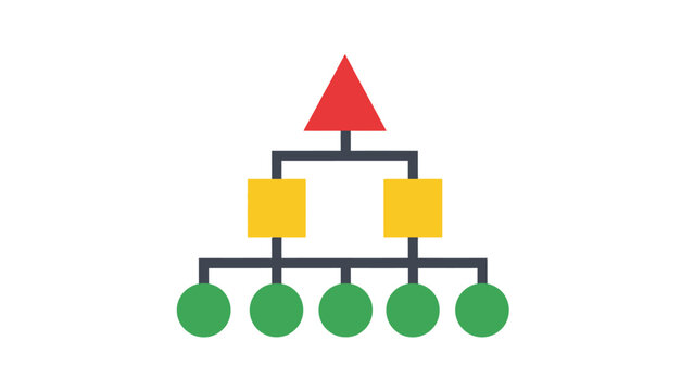 Organizational Hierarchy Structure Diagram. Flat Business Chart Icon Representing Management Levels, Flow, Team Delegation, and System Processes.