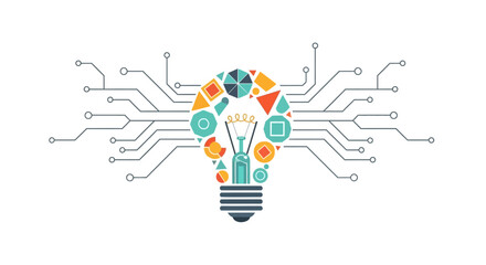 Innovative AI technology and digital solutions, symbolizing creativity and future progress, connecting ideas through a bright lightbulb
