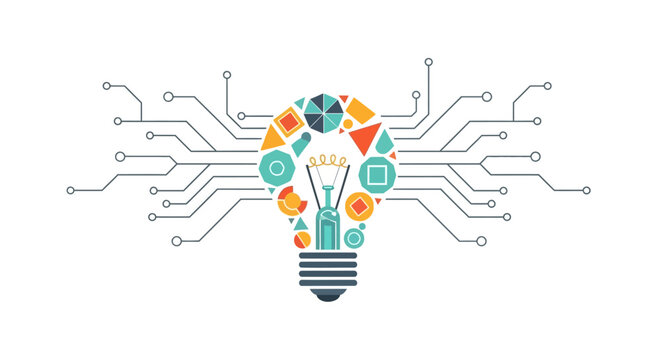 Innovative AI technology and digital solutions, symbolizing creativity and future progress, connecting ideas through a bright lightbulb