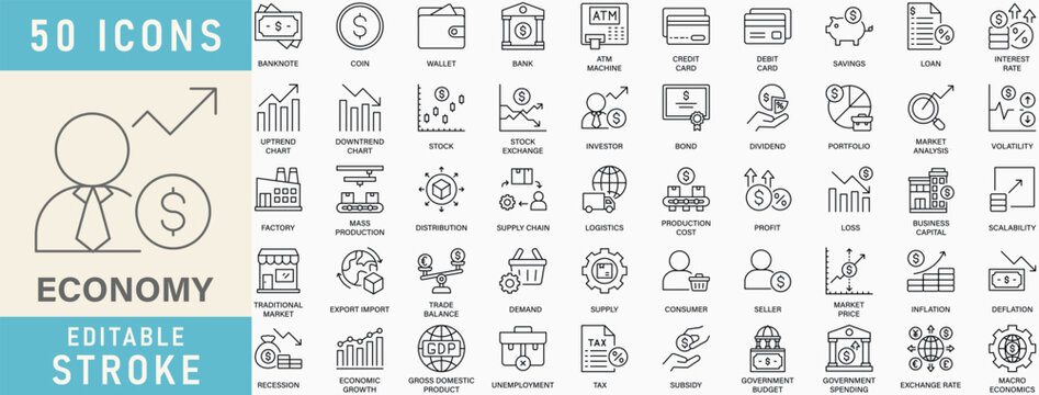 Economy icon collection. Editable stroke. Vector illustration.
