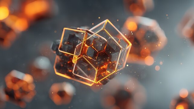 Self-assembling technology glowing modules floating clicking together