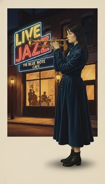 Ai poster di un concerto jazz, una donna che suona la tromba 06
