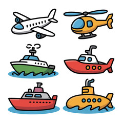 Cartoon Transportation Collection: A vibrant cartoon illustration showcases a fleet of transportation vehicles, perfect for conveying movement and travel concepts.