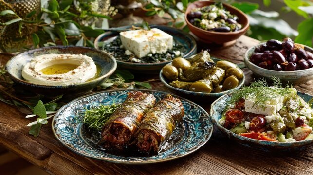 Greek cuisine table serving traditional mediterranean dishes