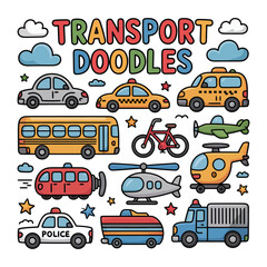 Transport Doodles: A charming illustration showcases an array of transport vehicles, bringing a playful and educational touch to any project. Perfect for illustrating various transport concepts. © FARHANA