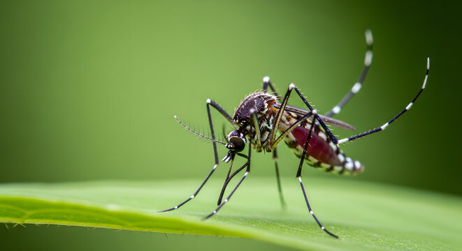 A detailed close-up of a mosquito with a full blood sac resting on a green leaf.