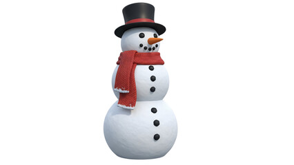 Snowman wearing red scarf and black top hat with black hat and.
