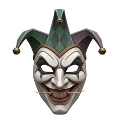 Joker mask with red and green and white clown with black background.