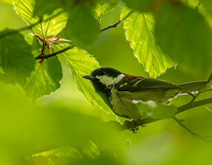 Obraz premium A small bird perches on a branch, surrounded by bright green leaves bathed in sunlight. Depth-of-field blurs foliage