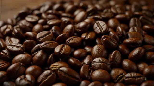 Coffee bean roasted close up macro brown texture, glossy pile on wooden table, rich aroma, caffeine beverage ingredient for espresso brew, warm rustic cafe mood, food background