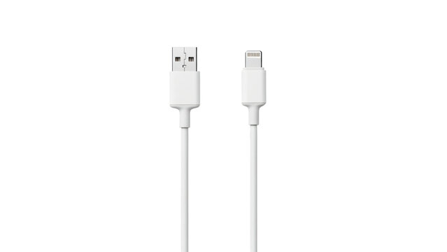 White usb cable connected to an iphone charger on black background the.