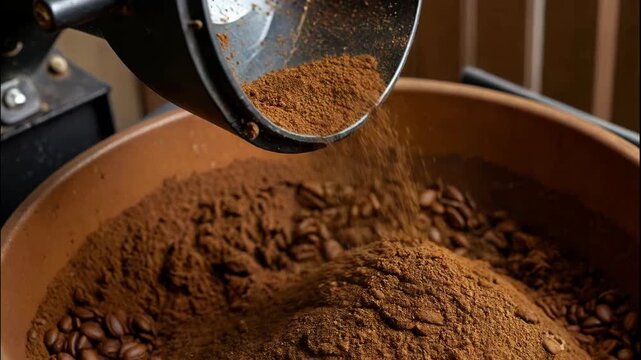 Coffee grinding grinder machine hopper chute pouring fresh powder from roaster mill, roasted bean aroma closeup, warm brown texture, cafe production detail, metal bowl