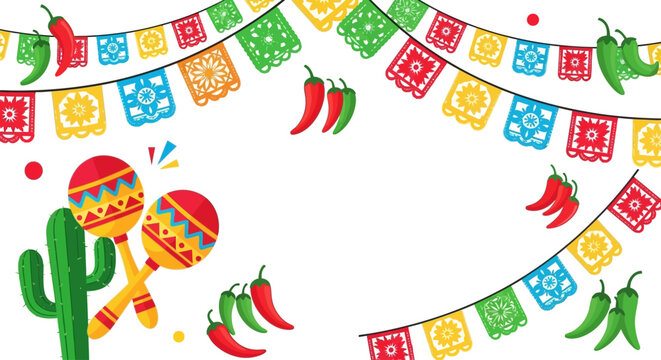 Fiesta and Cinco de Mayo Celebration Banner with Maracas, Cactus, and Chili Peppers