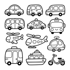 Obraz premium Whimsical Transport Collection: A delightful collection of playful transportation illustrations, featuring cars, vans, a bus, a taxi, helicopters, a scooter, and a ship.
