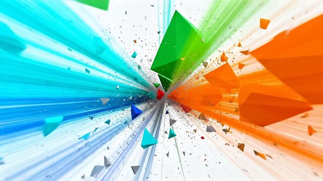Abstract geometric explosion with colorful polygons and motion lines