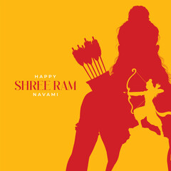 Obraz premium Shree Ram Navami Greeting, God Ram Background Design. A Hindu festival celebrated of lord ram birthday. Happy Ram Navami Vector Background Design with Lord Rama silhouette.