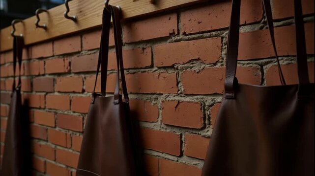 Leather apron on hook by brick wall, workshop craft kitchen scene, brown hanging protective workwear on wooden rail, rustic artisan studio interior, warm soft light, copy space